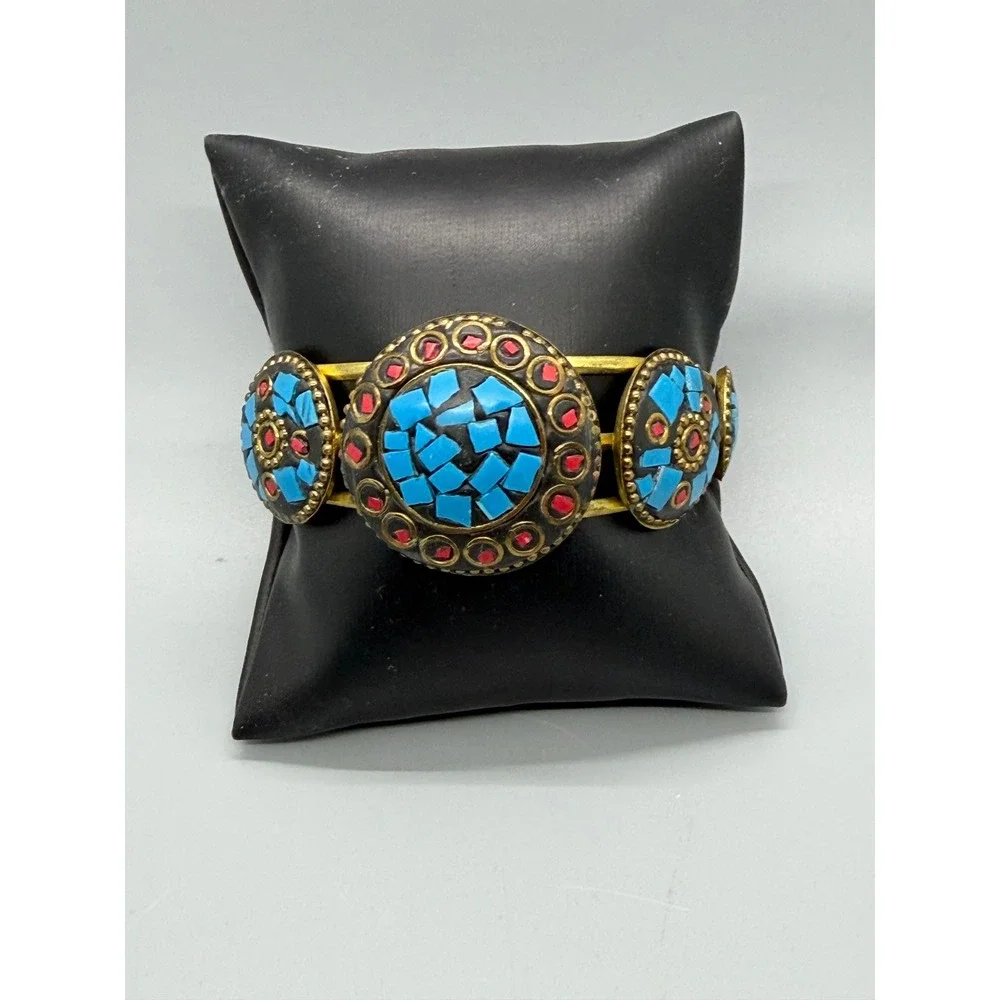 Tibetan Style Cuff Bracelet Blue Red Brass Tone Metal Mosaic Medallions Inlay